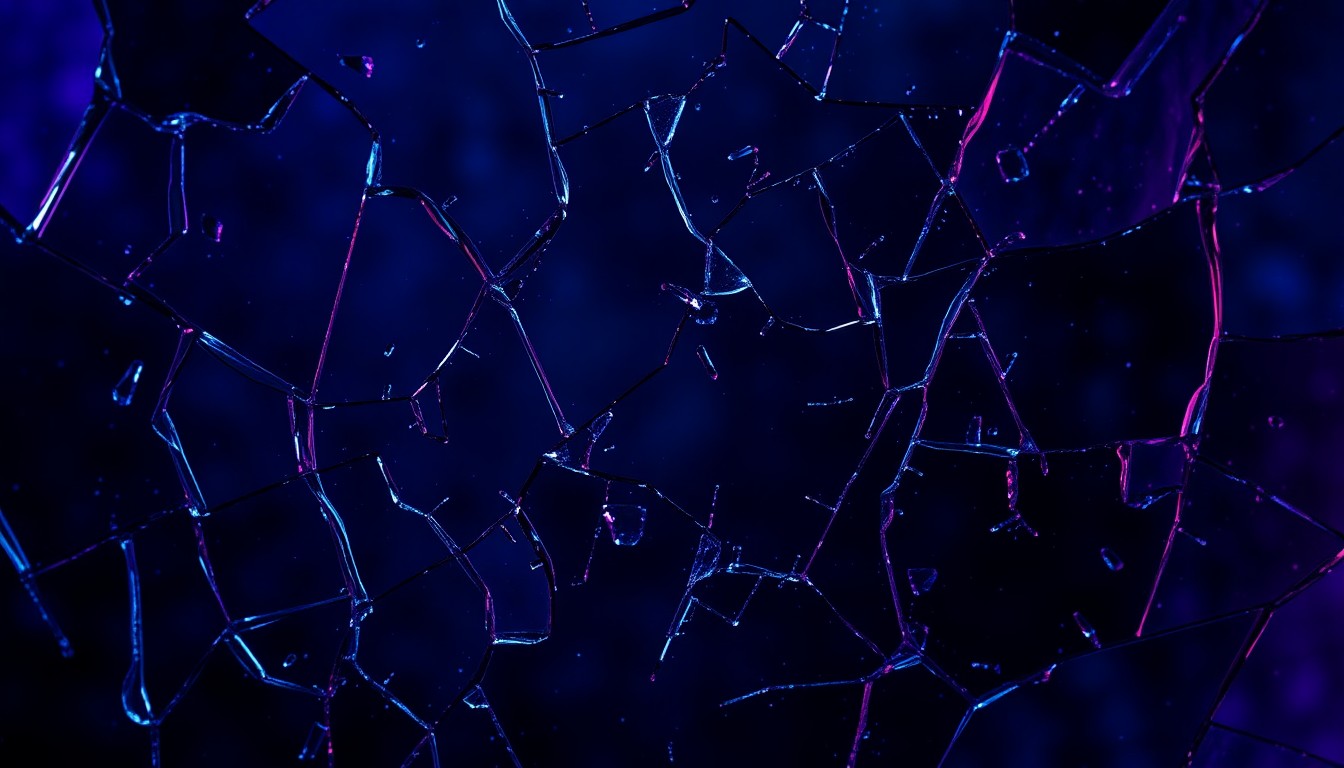 An extreme close-up photograph of a shattered glass surface in deep blue and violet hues, capturing a sense of mystery and unease through the abstract, high-contrast texture.