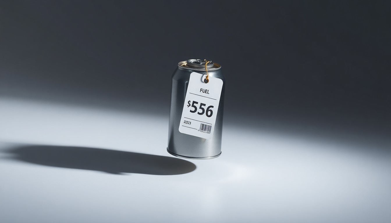 A photorealistic studio still-life image of a single jet fuel canister with a price tag, floating on a clean, monochromatic background and dramatically lit to symbolize the financial pressures facing the airline industry.
