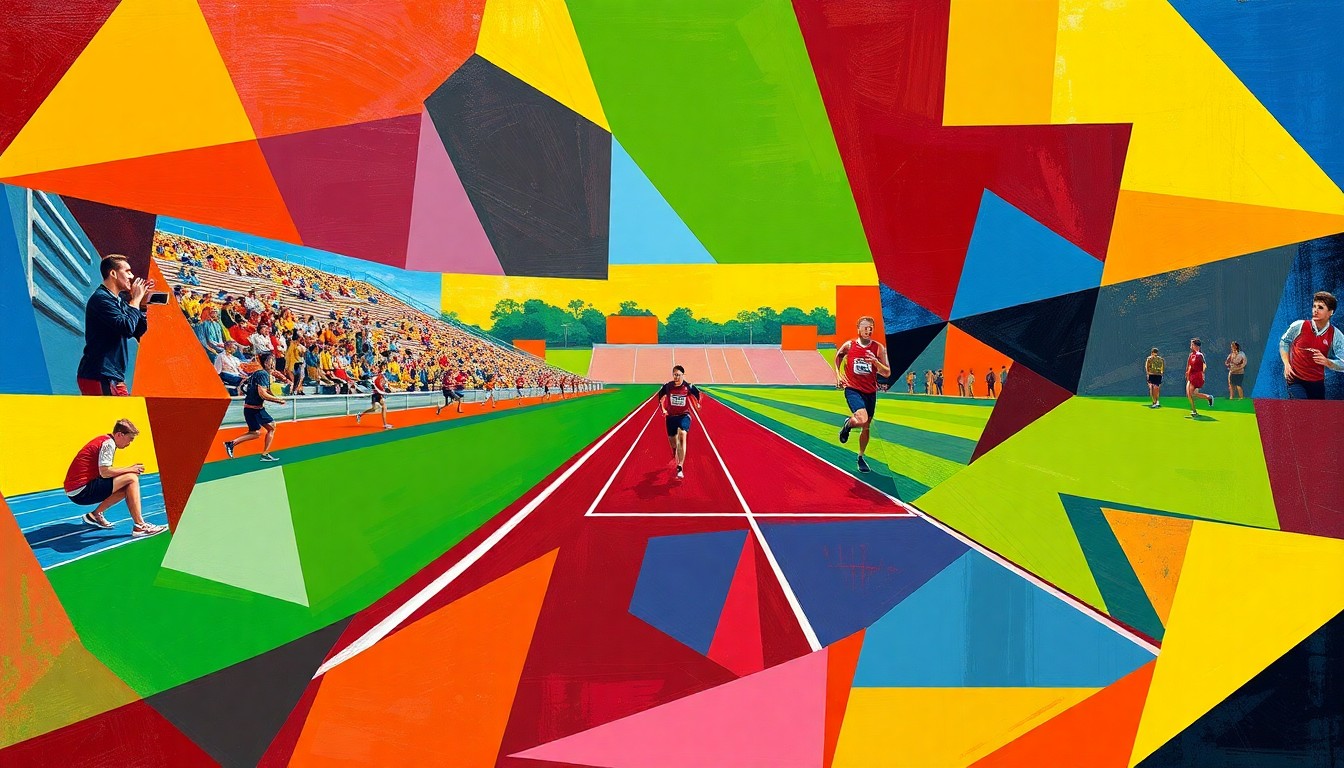 A cubist-style painting depicting a high school track and field competition, with overlapping geometric shapes in bright primary colors representing the dynamic movement and energy of the event.