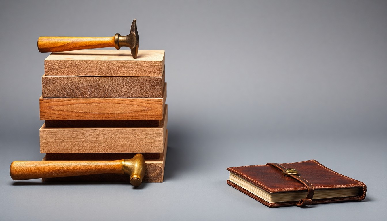 A high-end, photorealistic studio still-life photograph featuring a stack of polished wooden planks, a brass hammer, and a worn leather notebook arranged elegantly on a clean, monochromatic grey background, symbolizing the craftsmanship and community-focused values of Baltimore's small businesses.