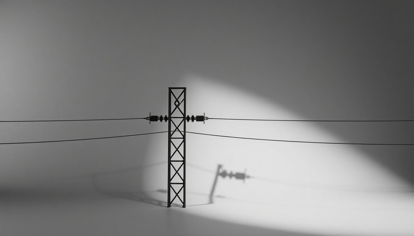 A photorealistic studio still life depicting a single, polished metal pylon tower component floating on a clean, monochromatic grey background, using dramatic lighting and deep shadows to conceptually represent the abstract corporate strategy and infrastructure challenges behind the power line project.