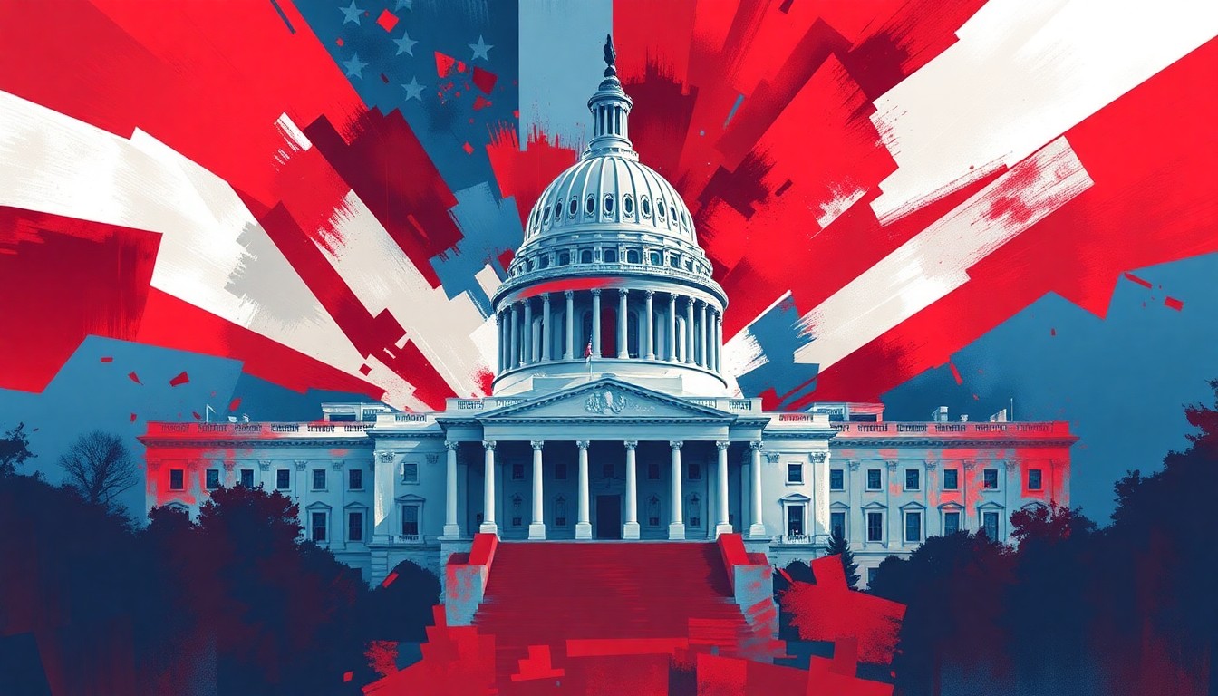 A fractured, abstract painting of the U.S. Capitol building in red, white, and blue, conveying a sense of political upheaval and instability.