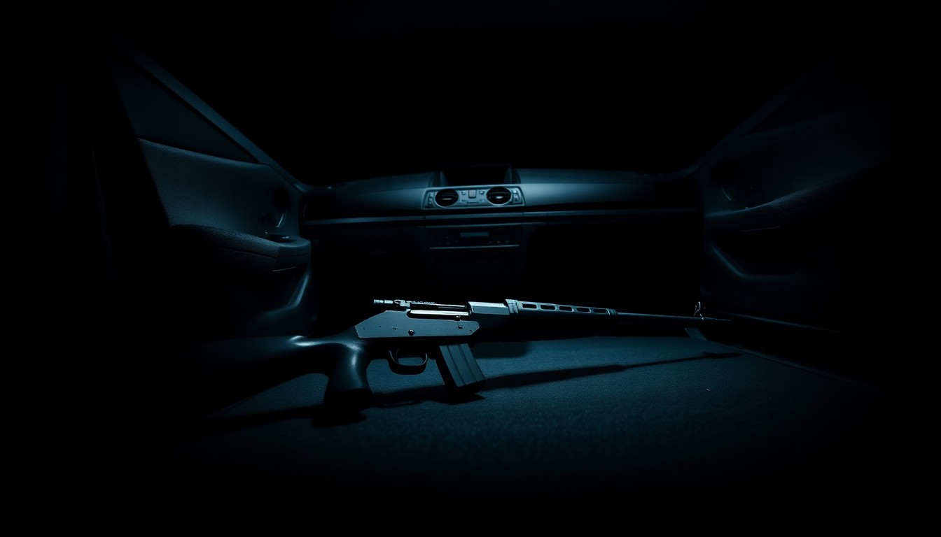 An extreme close-up photograph of a short-barreled rifle on the floor of a crashed car, lit by a harsh, direct camera flash against a pitch-black background, creating a stark, gritty, investigative aesthetic.