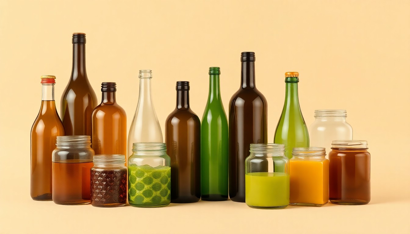 A high-end, photorealistic studio still-life photograph featuring a collection of premium, polished glass bottles and jars in various shades of amber, green, and clear, arranged elegantly on a clean, monochromatic seamless background, conceptually representing the diverse range of nonalcoholic beverages offered by the specialty shop Marigold.