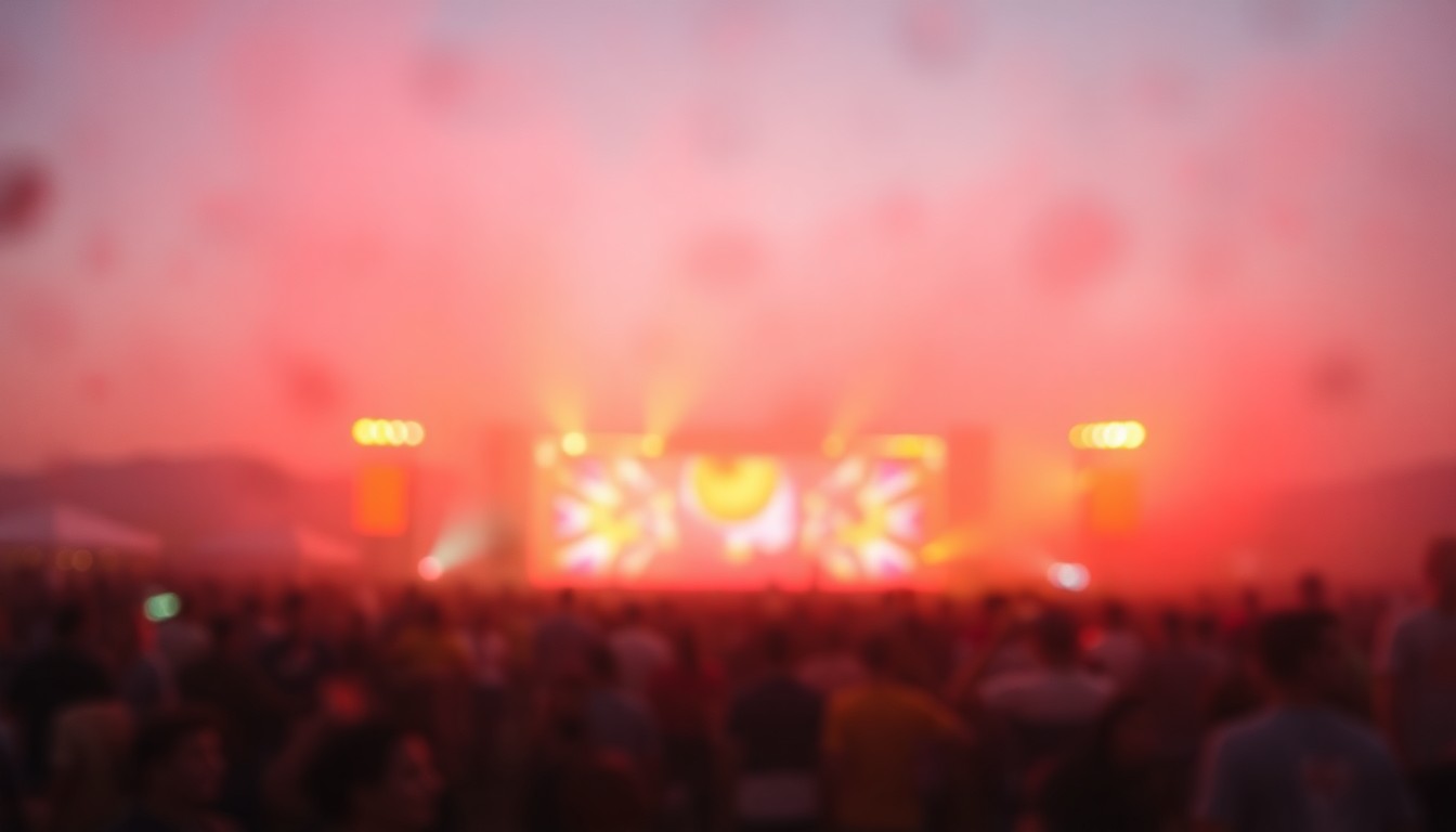 An extremely abstracted, out-of-focus photograph shot through condensation or rain-streaked glass, capturing the hazy, vibrant atmosphere of a crowded music festival in the desert, with blurred silhouettes of people enjoying the event and splashes of warm, saturated colors.