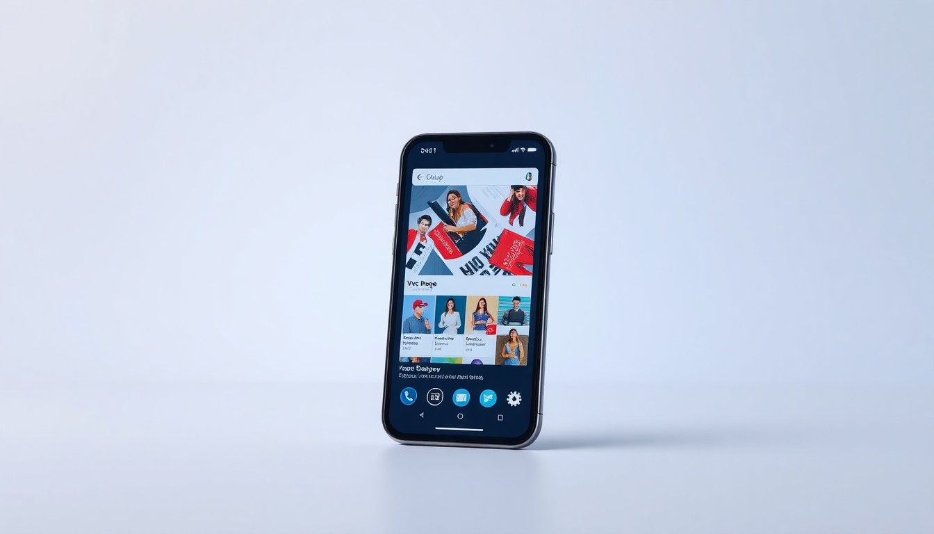 A minimalist studio photograph featuring a sleek, modern smartphone propped up on a clean, monochromatic background, its screen displaying a live social media shopping interface.