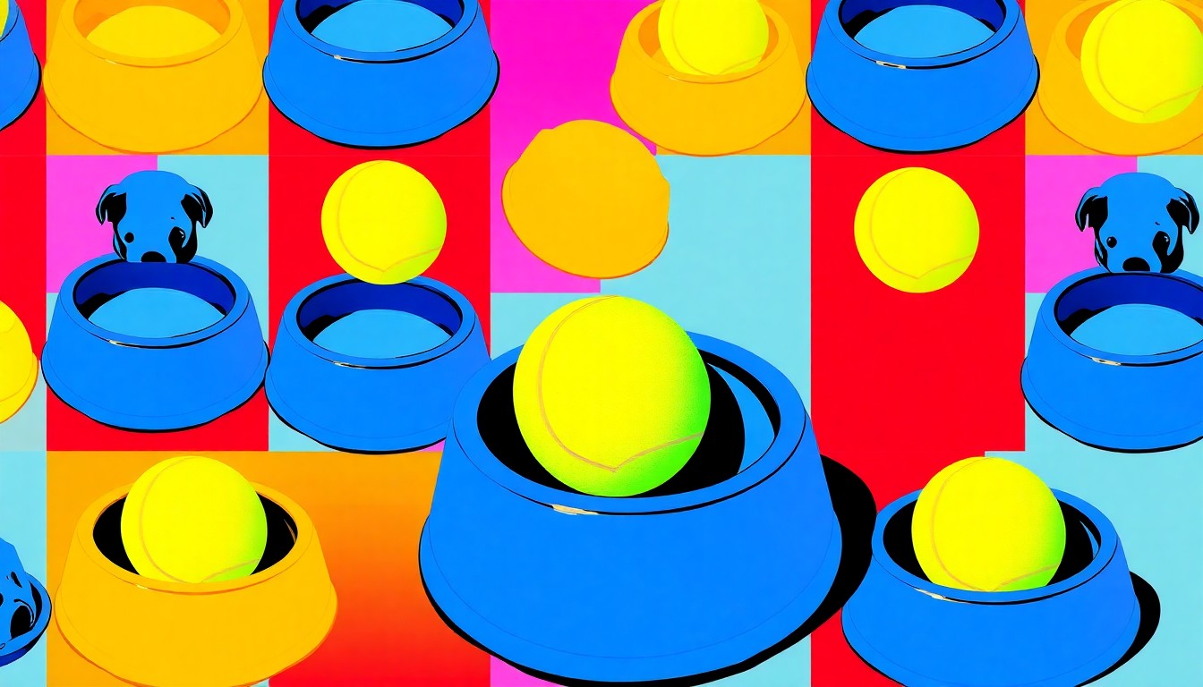 A brightly colored, high-contrast silkscreen print featuring a repeating grid of dog bowls and tennis balls in neon shades of pink, green, and blue, conceptually representing the fun, pet-friendly atmosphere of the new Pup's Pub establishment.