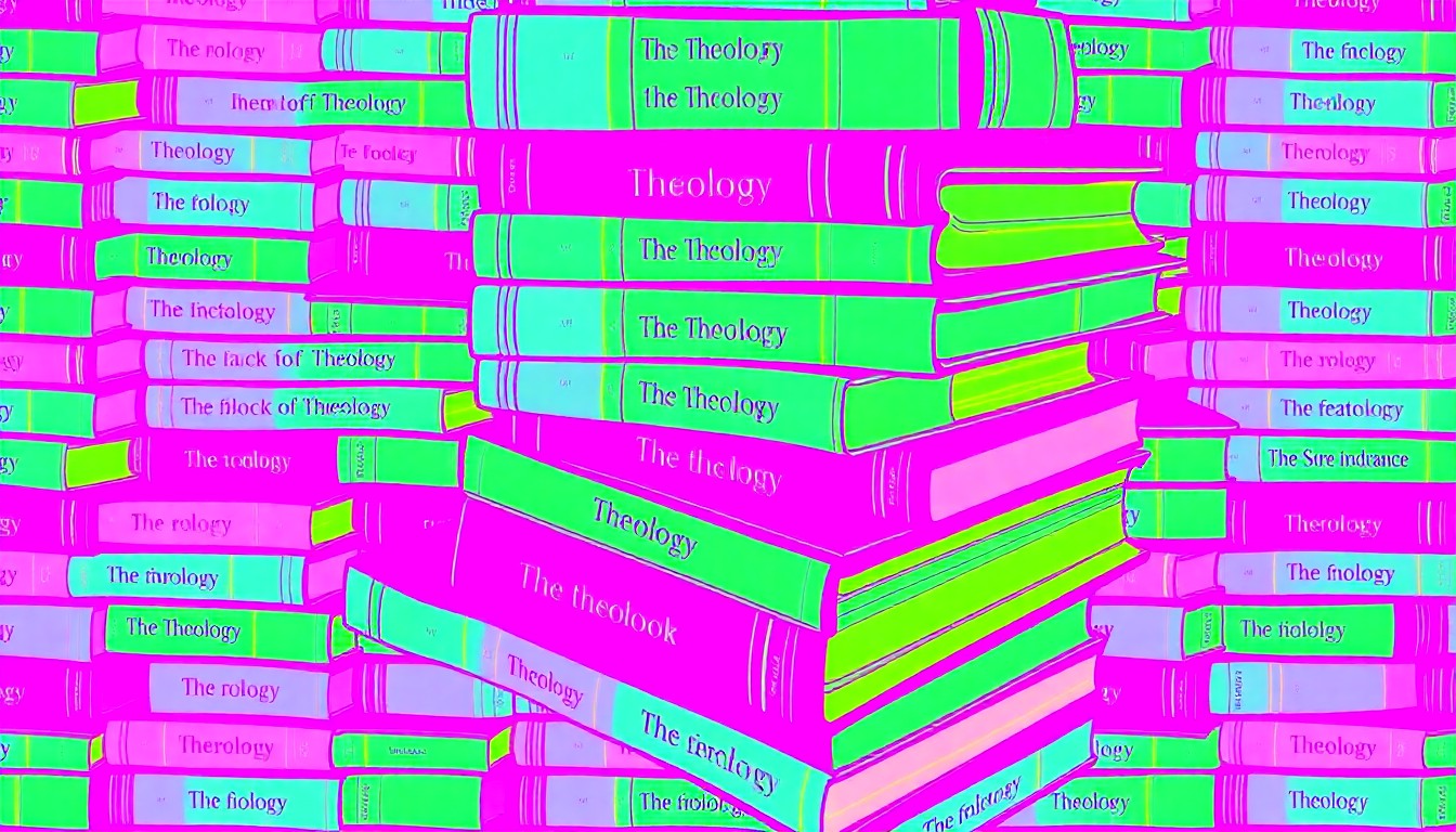 A bold, abstract silkscreen illustration featuring a repeating grid of colorful theology books, conceptually representing the tensions between religious leadership and academic independence.