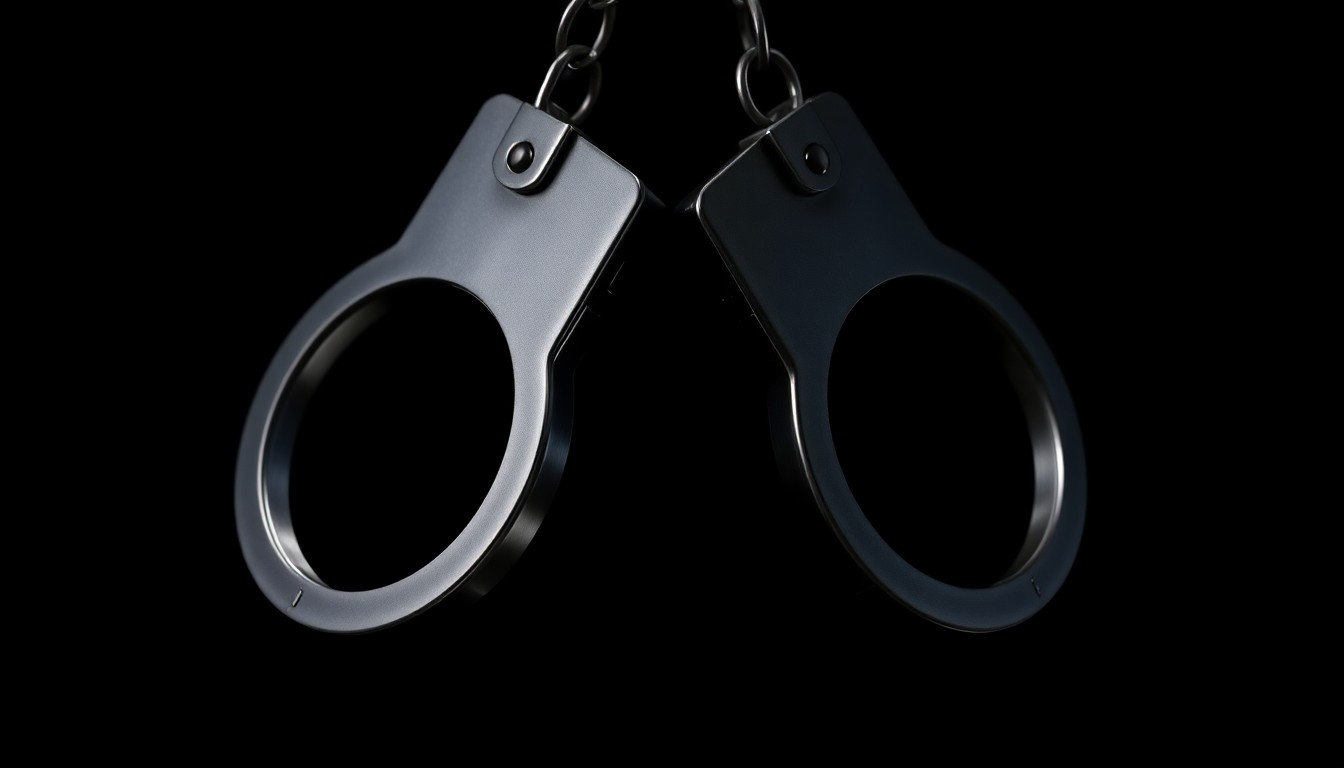 An extreme close-up photograph of a pair of metal handcuffs against a stark black background, the harsh lighting creating dramatic shadows and textures to convey a sense of gravity and urgency around the crime.