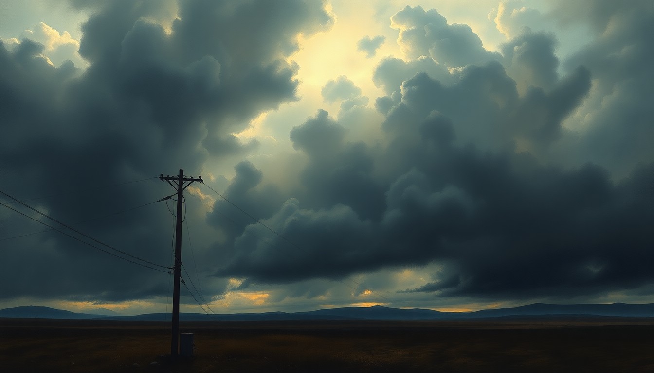 A dramatic landscape painting depicting a dark, stormy sky with heavy clouds obscuring the horizon. In the foreground, a lone utility pole stands silhouetted against the dramatic lighting, its power lines sagging and disconnected, symbolizing the widespread power outage caused by the overnight storms.