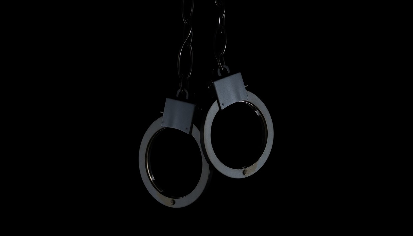 An extreme close-up photograph of a pair of handcuffs against a stark, black background, conveying a gritty, investigative aesthetic through the use of harsh, direct lighting.