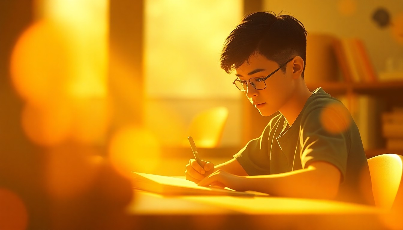 An extremely abstracted, out-of-focus photograph of a student studying at a desk, with the scene composed entirely of soft, warm pools of light and color.