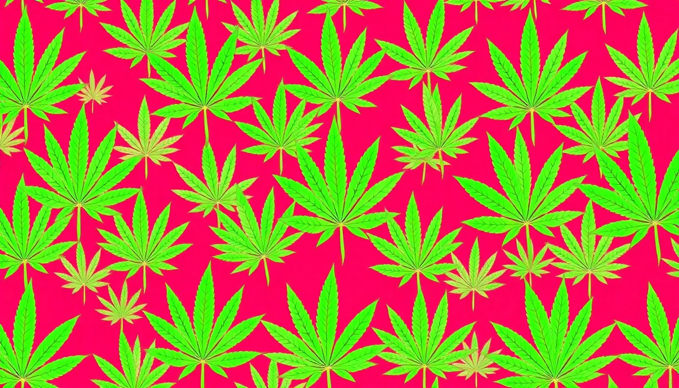 A brightly colored, high-contrast silkscreen print of a cannabis leaf repeated in a tight grid pattern, utilizing flat, vibrant, and unnatural neon color palettes overlapping with heavy black photographic outlines to turn the iconic marijuana symbol into modern pop art.
