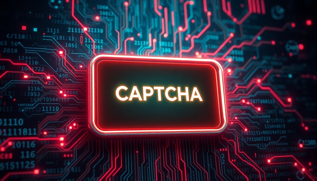 A highly detailed 3D illustration of a glowing, neon-lit CAPTCHA verification box, surrounded by a swirling matrix of digital code and cybernetic elements. The CAPTCHA box is the focal point, emitting a pulsing, ominous light, conceptually representing the vulnerability of this common security feature to hacker exploitation.