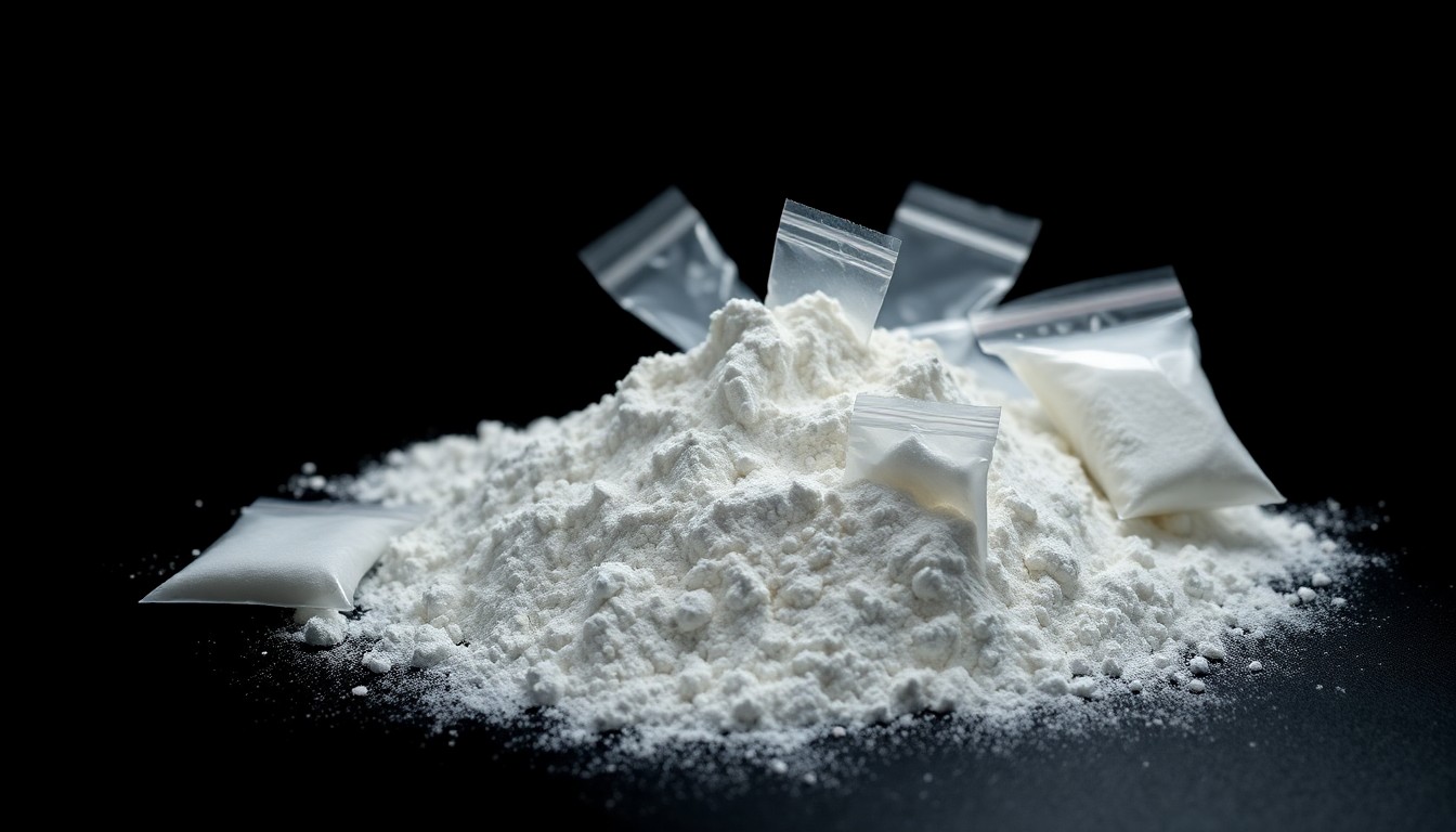 An extreme close-up photograph of a pile of white powder and several small plastic bags, conceptually illustrating the drugs seized in a major law enforcement operation against a drug trafficking network.