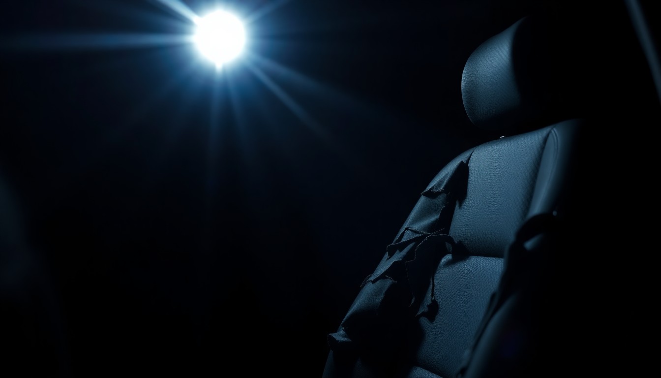 An extreme close-up photograph of a shredded car seat upholstery, lit by a harsh, direct camera flash against a pitch-black background, conceptually representing the damage caused by the staged bear attacks.