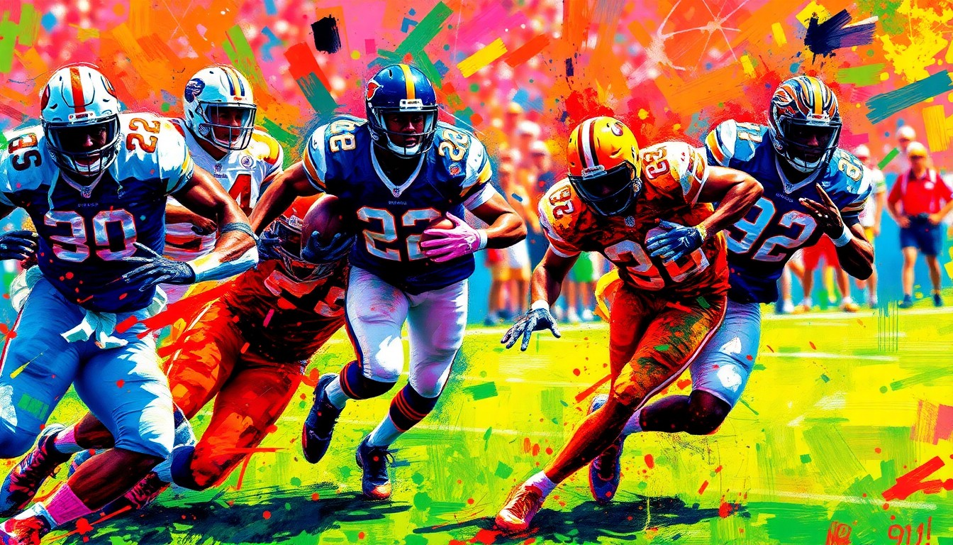 An abstract, expressionist painting in vibrant neon colors, with rapid brushstrokes and dissolved forms representing the raw energy and emotion of a football game. The image conceptually captures the meaningful connection between the Eagles players and the family of the fallen state trooper.