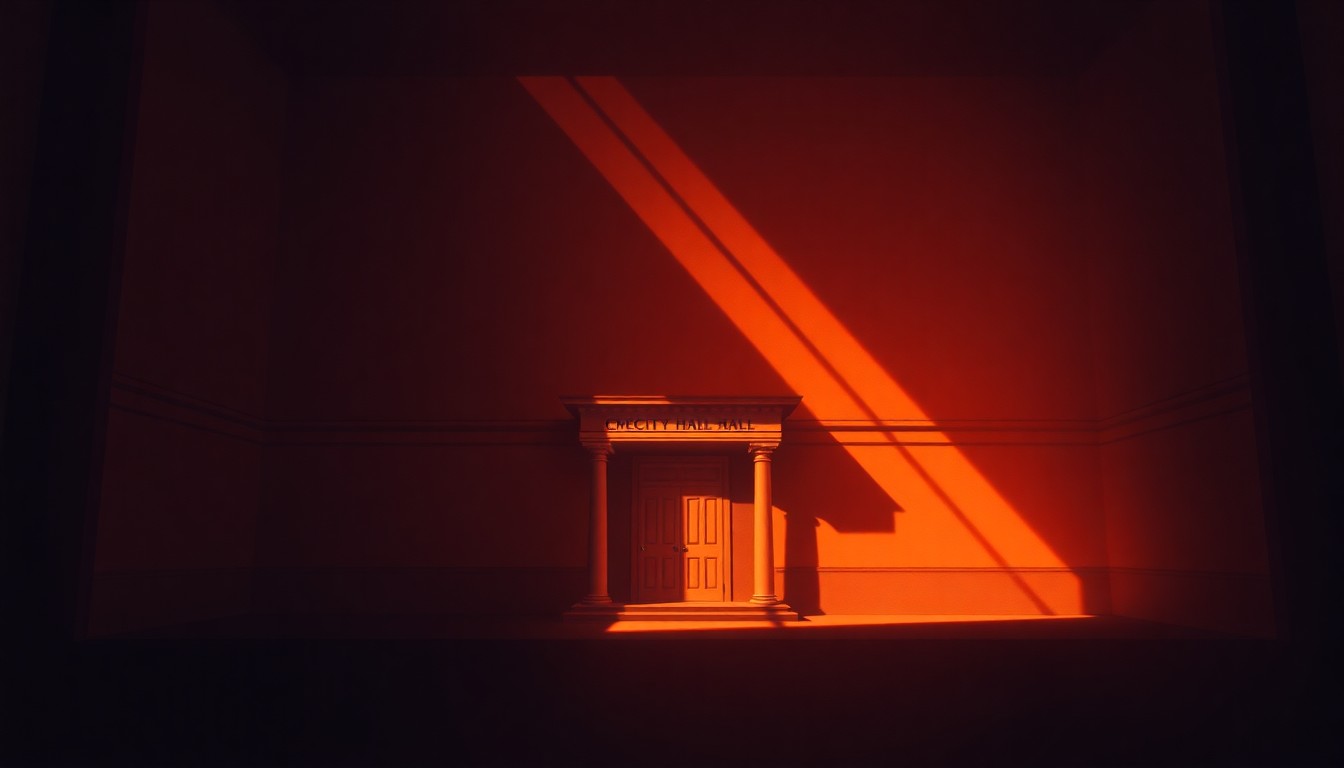 A cinematic painting of a municipal building in warm sunlight and deep shadows, conceptually representing the legal battle between the city and a former employee.
