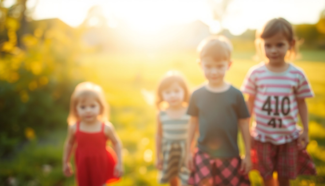An abstract, out-of-focus photograph depicting children playing in a park, with warm, hazy pools of light and color creating a dreamlike, atmospheric scene.