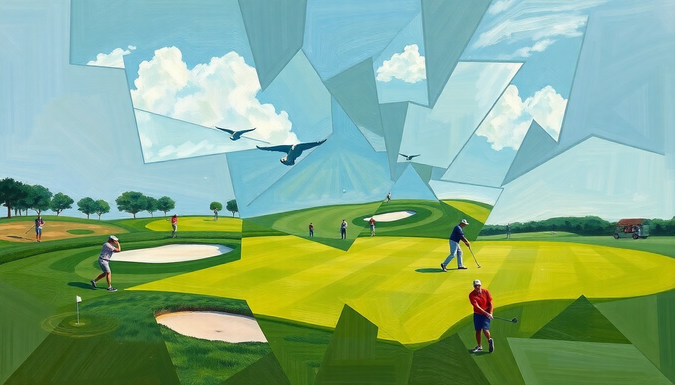 A cubist-style painting featuring overlapping geometric shapes and planes of green, brown, and white, representing the various elements of a high school golf match in an abstract, deconstructed manner.