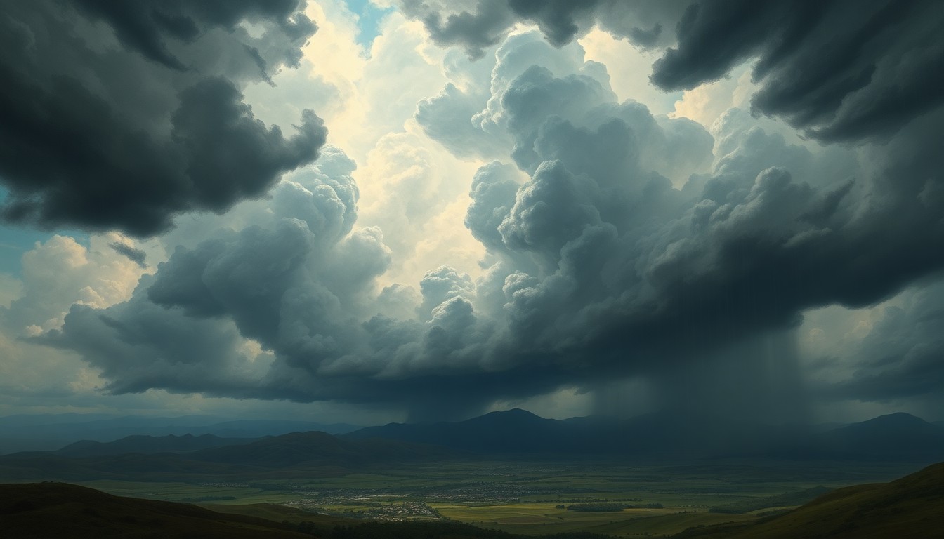A sweeping, atmospheric landscape painting depicting a dramatic, stormy sky filled with ominous clouds and heavy rain, dwarfing a small town in the distance, conveying the overwhelming power and scale of an approaching weather system.