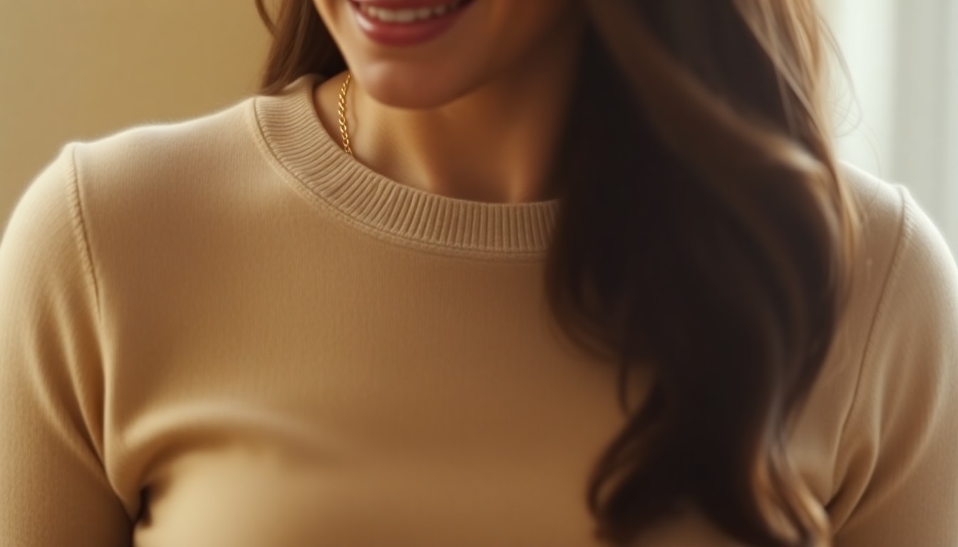 A close-up, out-of-focus photograph in warm, earthy tones depicting the details of Duchess Meghan's beige cashmere top and gold necklace, creating a dreamy, atmospheric effect.