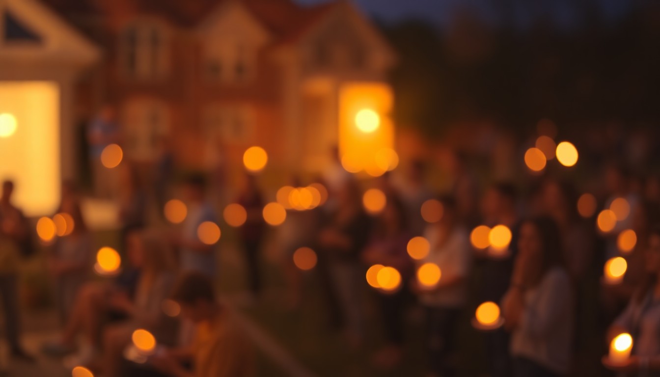 An abstract, impressionistic photograph of a blurred, softly lit scene depicting a candlelight vigil, conveying a mood of contemplation and healing.