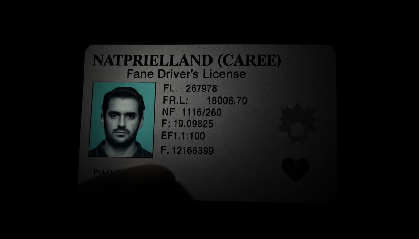 An extreme close-up photograph of a fake driver's license with an NFL player's photo, lit by a harsh, direct camera flash against a pitch-black background, conceptually illustrating the use of fraudulent identification in a financial crime.