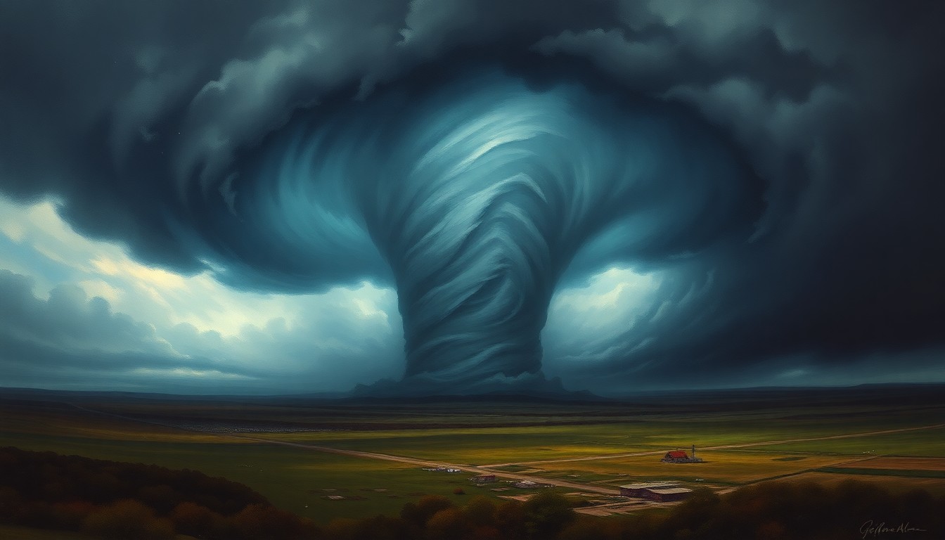 A sweeping, atmospheric landscape painting depicting a massive tornado dominating the horizon, with heavy brushstrokes and dramatic lighting conveying the overwhelming power of the natural disaster.