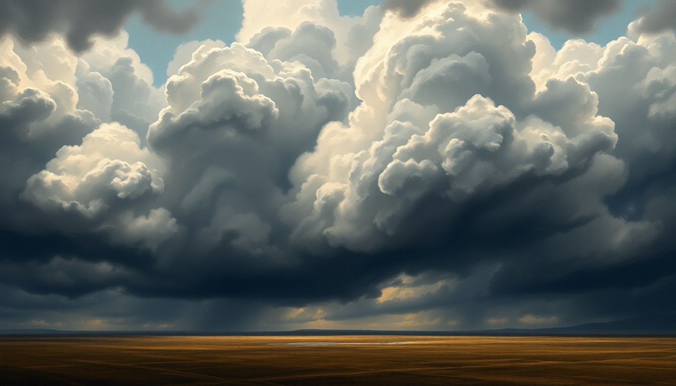 A dramatic, atmospheric landscape painting in the style of Caspar David Friedrich, depicting a stormy, ominous sky filled with dark, swirling clouds over a flat, desolate plain, conveying the overwhelming, sublime power of the impending weather.