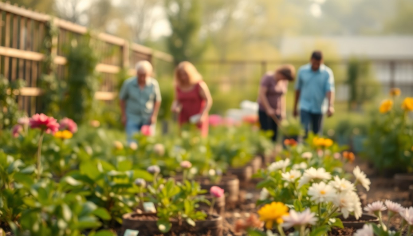 An abstract, impressionistic photograph in muted, earthy tones showing the blurred silhouettes of people tending to plants and flowers in a community garden setting.