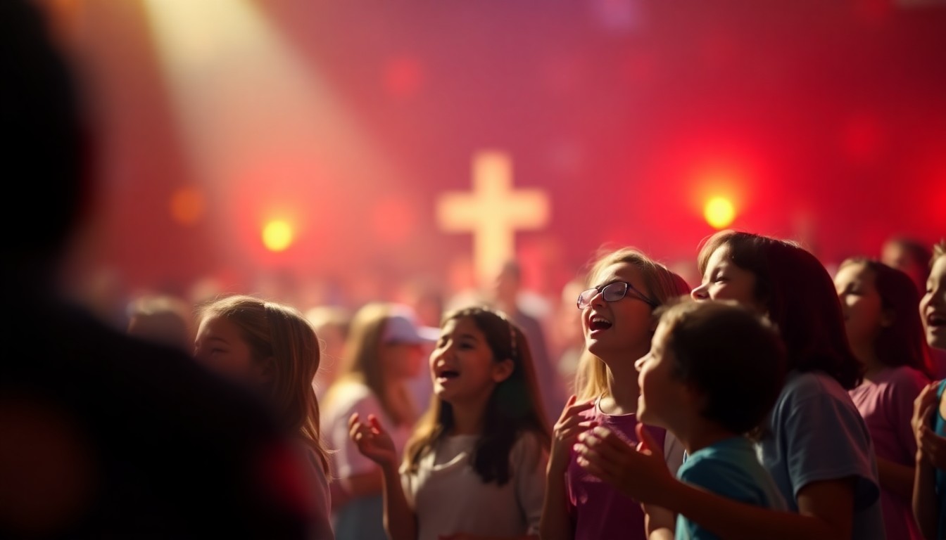 An abstract, out-of-focus photograph showing the blurred silhouettes of students singing and celebrating, with warm, colorful light washing over the scene, conveying the festive atmosphere of the school's 75th anniversary celebration.