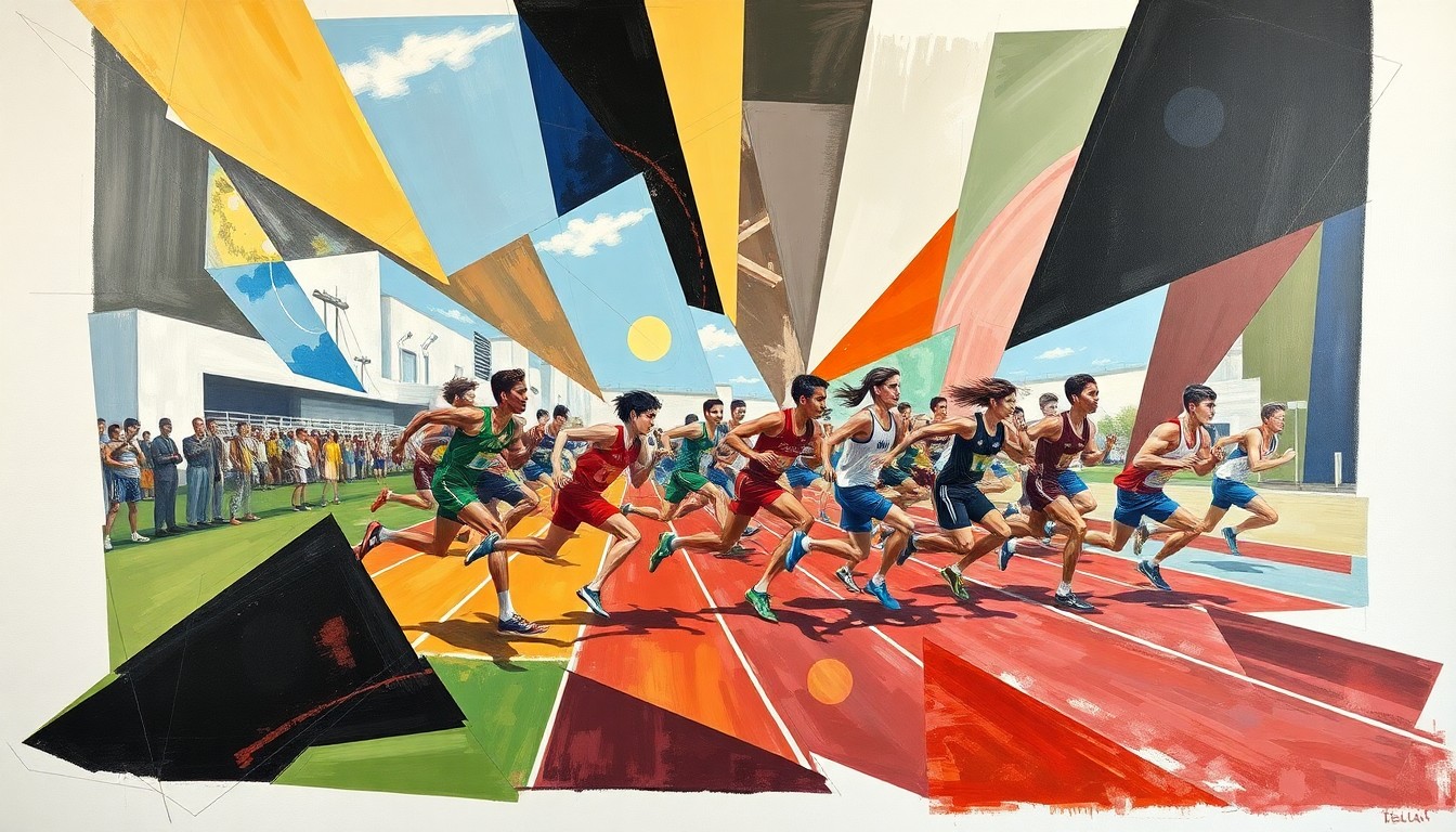 A fractured, multi-perspective painting depicting the dynamic movements and energy of a high school track and field competition, with sharp, overlapping geometric shapes in vibrant colors.