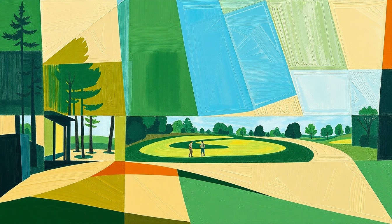 A fragmented, geometric painting depicting the overlapping perspectives and dynamic action of a high school golf tournament, using muted earth tones and angular shapes to convey the competitive spirit of the event.