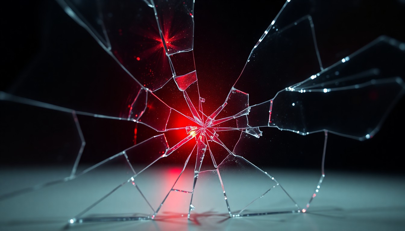 An abstract close-up photograph of shattered glass reflecting a faint red light, conveying the drama and gossip surrounding the relationship between the two reality TV personalities.