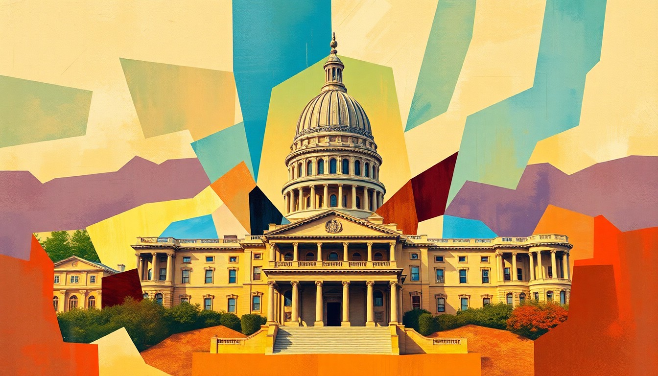 A dynamic, abstract painting of a California state capitol building or other political structure, repeated in overlapping, fractured geometric shapes and waves of warm earthy tones, vibrant blues, greens, and reds, conceptually representing the shifting dynamics of the California governor's race.