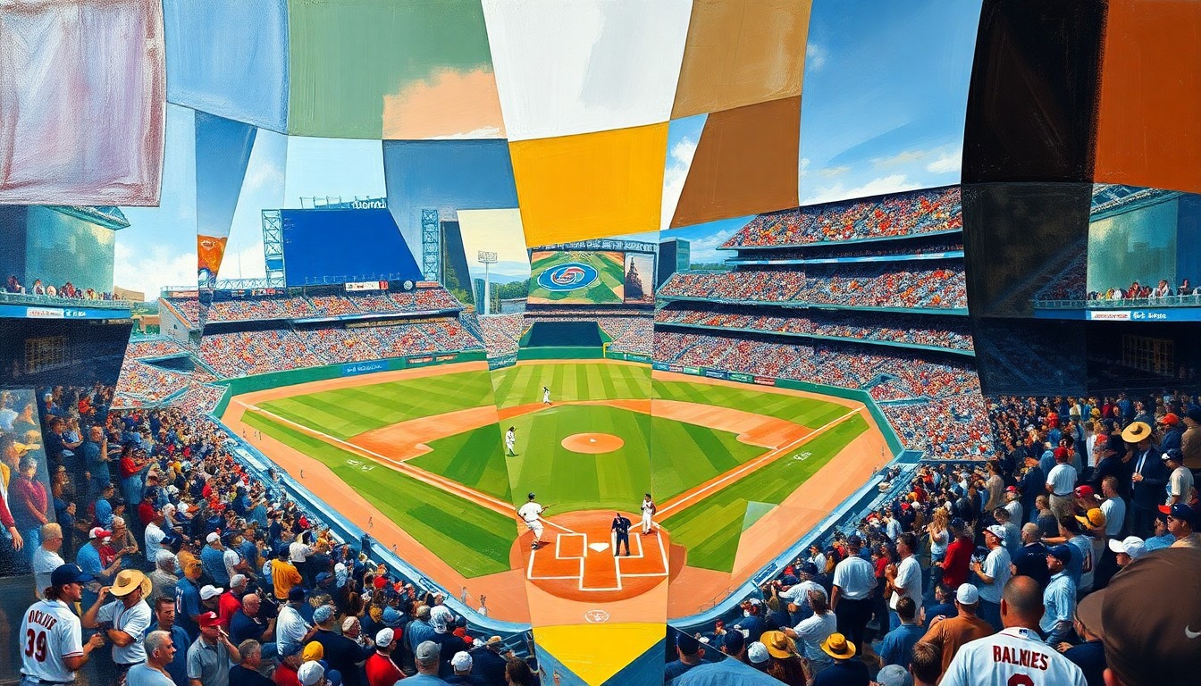 A cubist, geometric painting depicting a baseball game or match, with the players and field broken down into sharp, overlapping shapes and planes in a variety of bright colors.