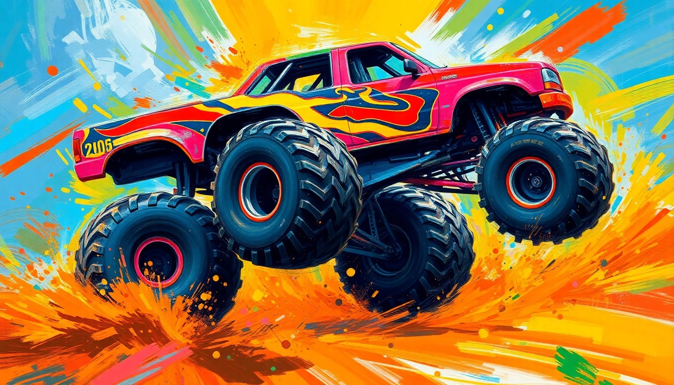 A dynamic, colorful painting in the style of LeRoy Neiman, featuring the powerful silhouettes of monster trucks mid-jump, with trails of dirt and debris swirling around them, capturing the raw energy and excitement of the Monster Jam competition.