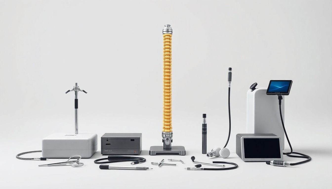 A high-end, photorealistic studio still-life photograph featuring a collection of medical instruments and devices, including a spinal decompression unit, arranged elegantly on a clean, monochromatic seamless background, conceptually representing the advanced, non-surgical treatment approach of ReliefNow® Disc·Joint·Nerve Hamlin.
