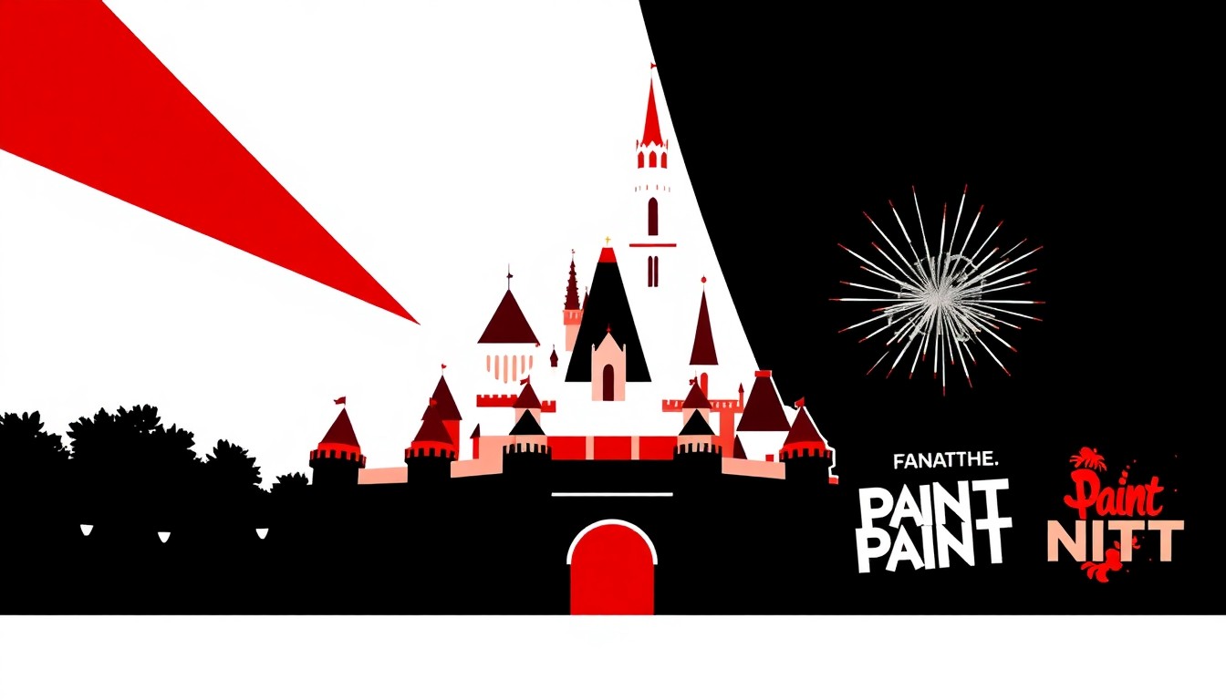 A minimalist, abstract illustration featuring jagged, geometric shapes in red, white, and black, conceptually representing the iconic Disneyland castle silhouette and the park's nighttime entertainment offerings.