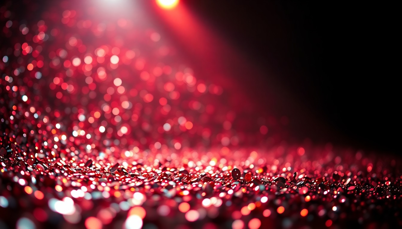 An extreme close-up photograph of shimmering, glittering sequins in dramatic, high-contrast studio lighting, conceptually representing the glamour and energy of a live music performance.
