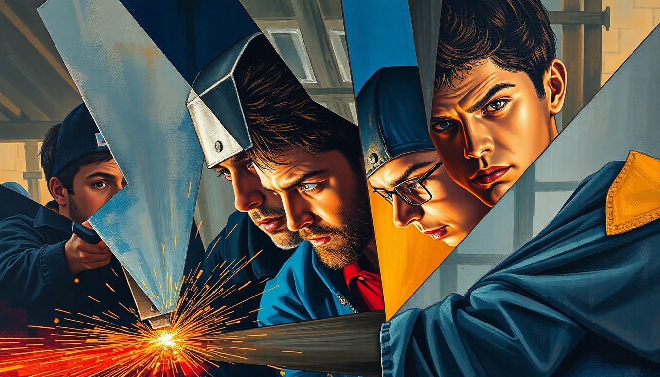 A cubist, geometric painting depicting the dynamic movements and intense focus of high school welders competing in a state championship, with overlapping planes of steel, sparks, and determined student expressions.