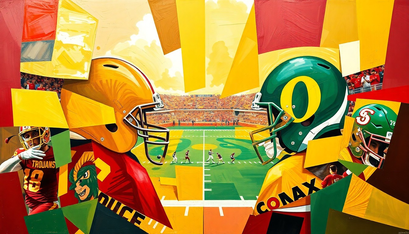 A fractured, multi-perspective painting in bold, vibrant colors that breaks down a college football rivalry game into sharp, overlapping geometric shapes and planes, capturing the energy and intensity of the matchup.