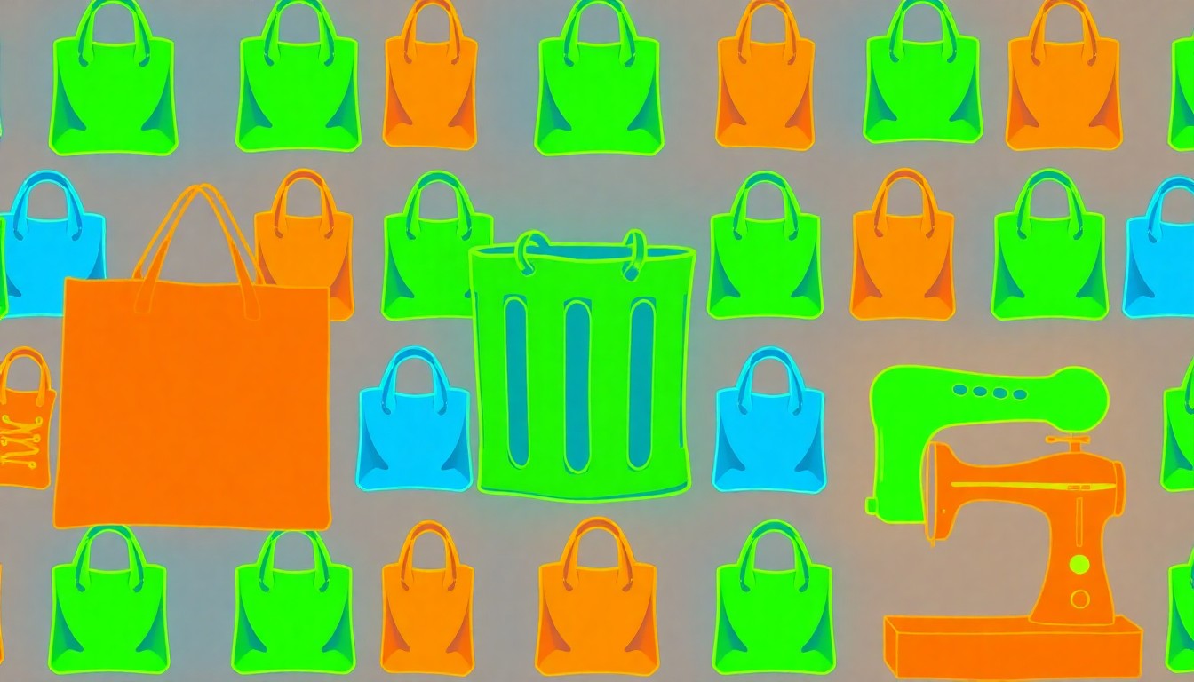 A bold, abstract grid of colorful silkscreen images representing reusable bags, composting, and sewing, conceptually illustrating the hands-on sustainability workshops at the Earth Month celebration.