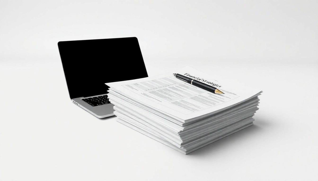 A photorealistic studio still life featuring a stack of financial reports, a laptop, and a pen arranged on a clean, monochromatic background, symbolizing the corporate strategy and financial reporting challenges faced by the company.