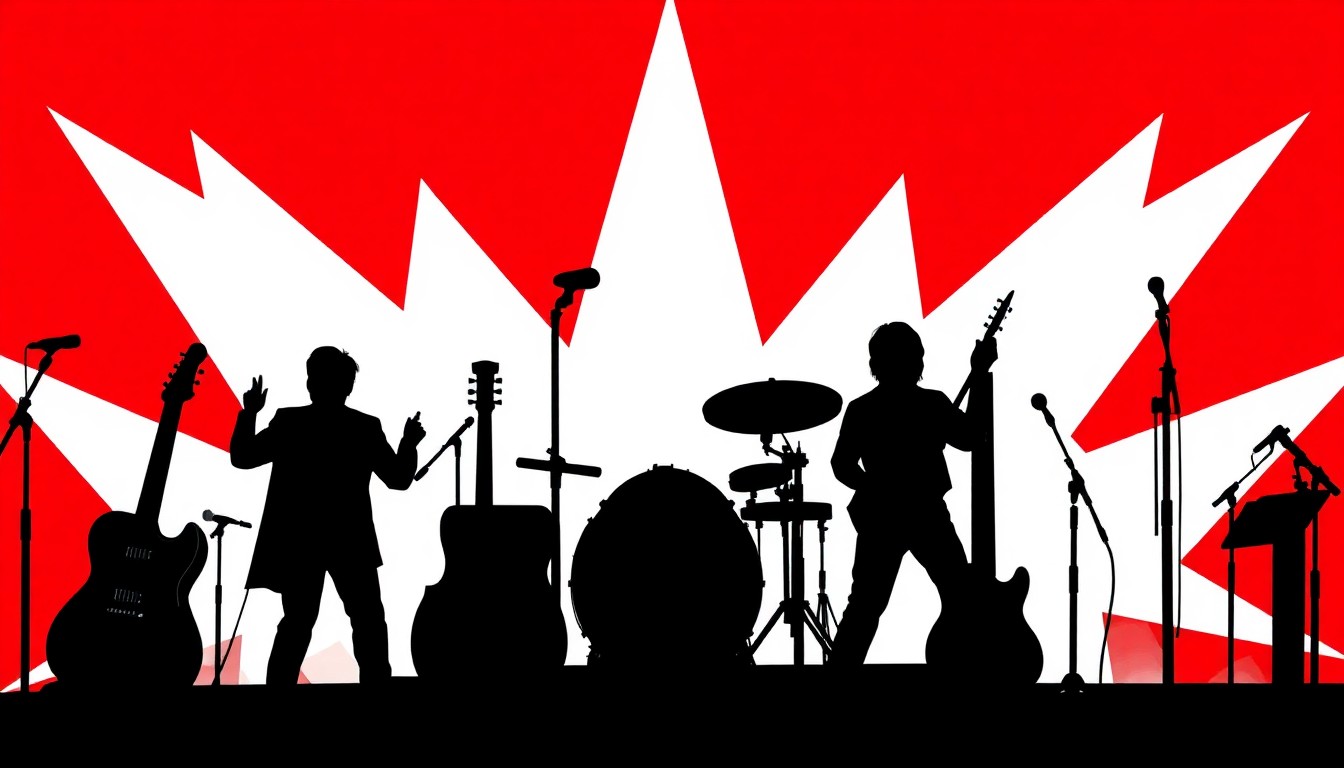 A striking abstract illustration featuring sharp, angular black silhouettes of musical instruments and festival elements set against a bold red and white background, conceptually representing the energy and creativity of the expanding Roots Picnic music festival.