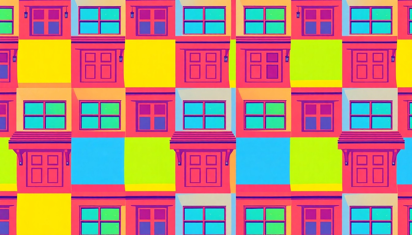A high-contrast, silkscreen-style illustration featuring a repeated pattern of a residential front door in bright, neon colors, conceptually representing the updated and flexible living space of the home.