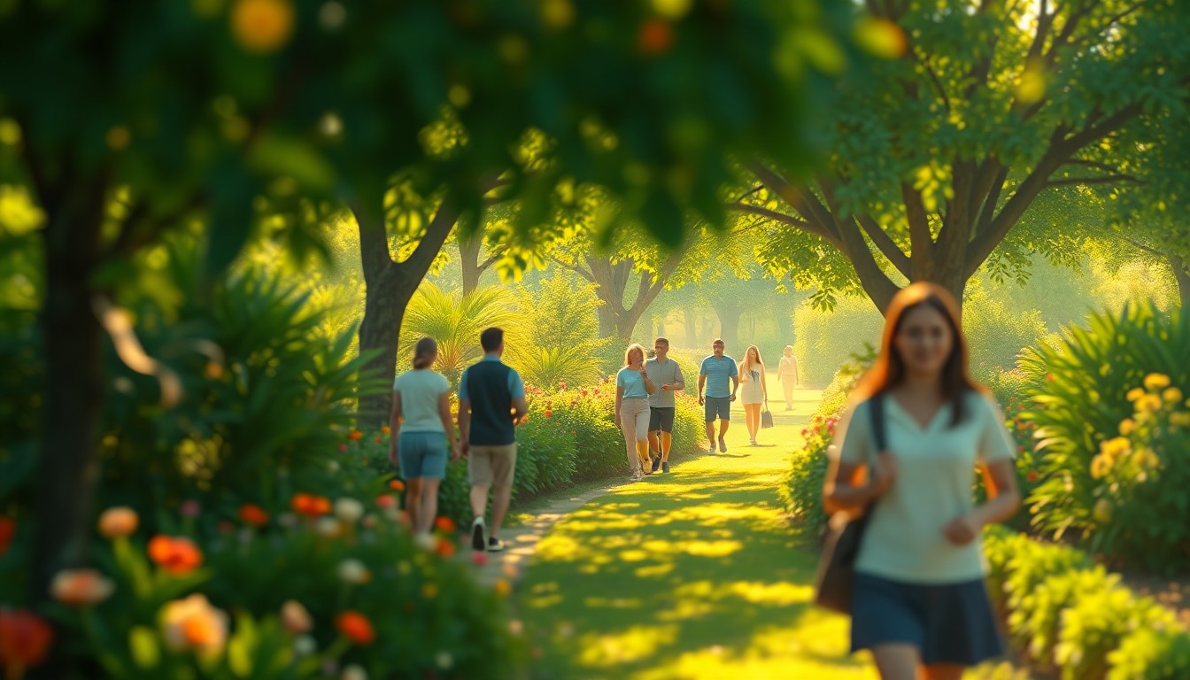 An abstract, impressionistic photograph of people walking through a verdant garden, with the scene blurred into soft, colorful shapes and pools of light, conveying the celebratory and educational spirit of the EarthFest event.