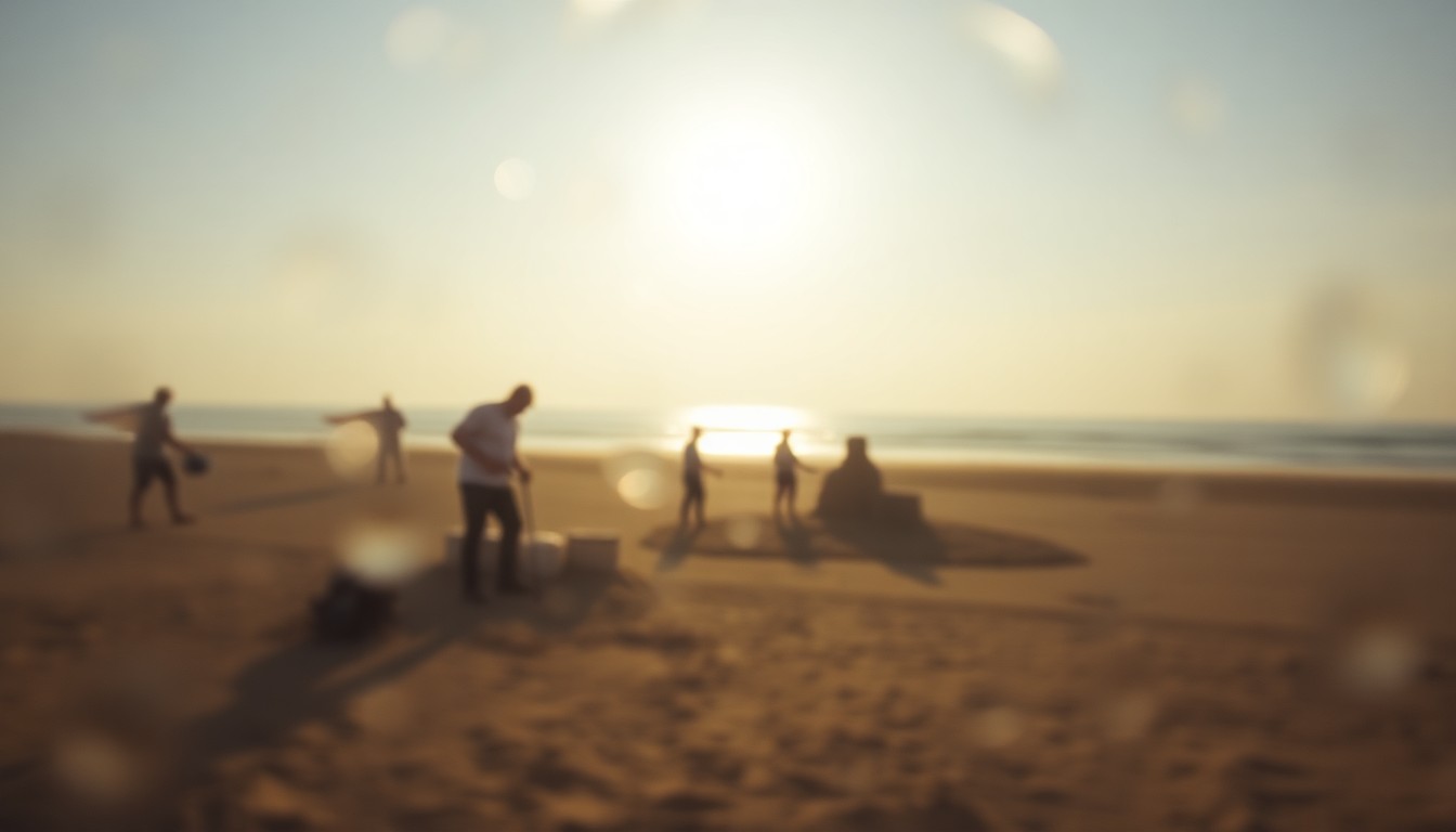 An impressionistic, out-of-focus photograph depicting the soft, warm glow of a sun-drenched beach scene, with the distant silhouettes of sand sculptors at work.