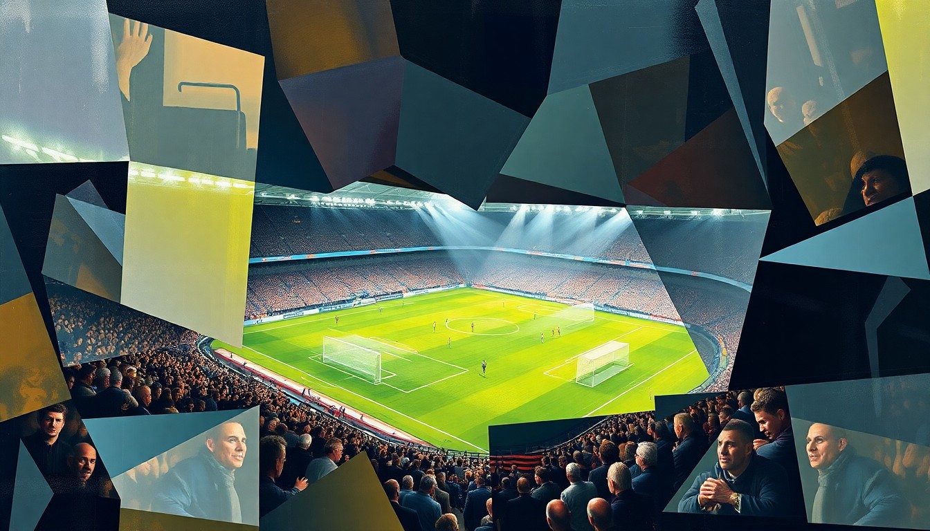A cubist, geometric painting depicting a Premier League football match, with players and the field of play fragmented into sharp, overlapping shapes and planes in a vibrant color palette.